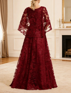 Burgundy Lace Evening Gown With Flutter Sleeves