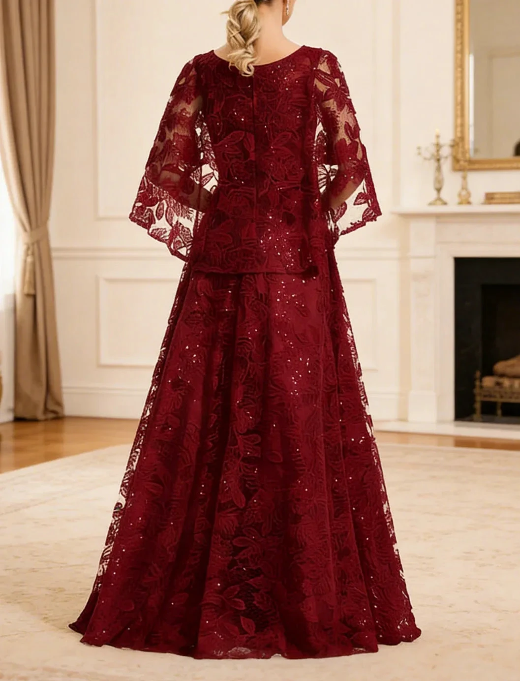 Burgundy Lace Evening Gown With Flutter Sleeves