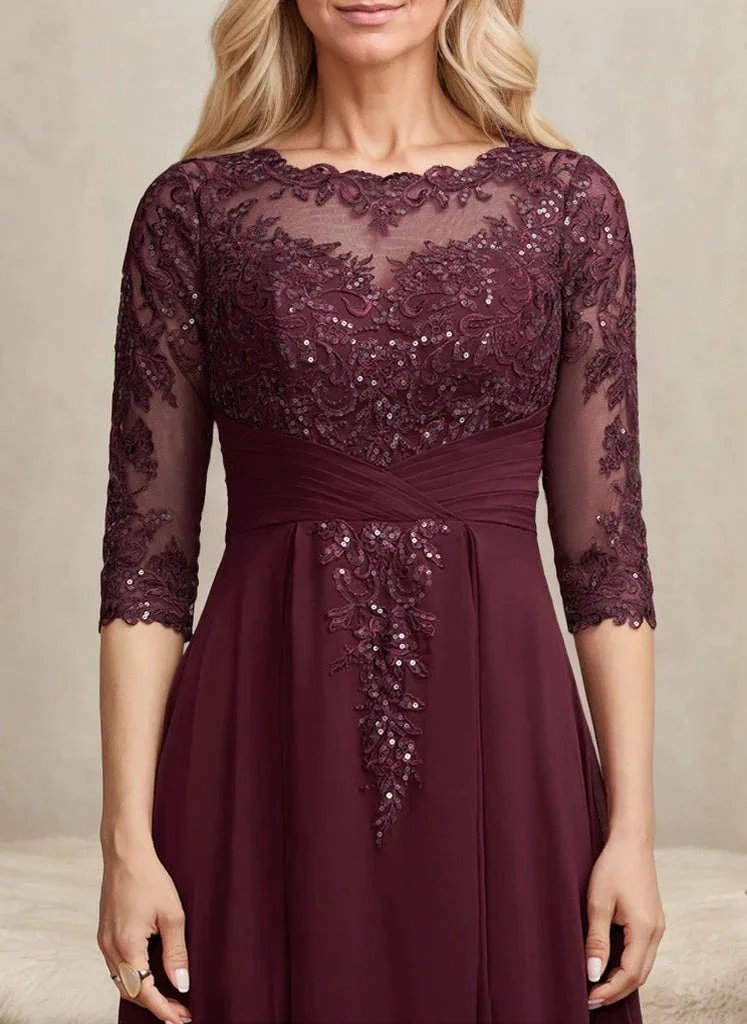 A-line Scoop Illusion Asymmetrical Lace Chiffon Mother of the Bride Dress With Pleated Sequins