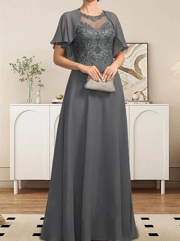 A-line Scoop Illusion Floor-Length Lace Chiffon Mother of the Bride Dress With Sequins