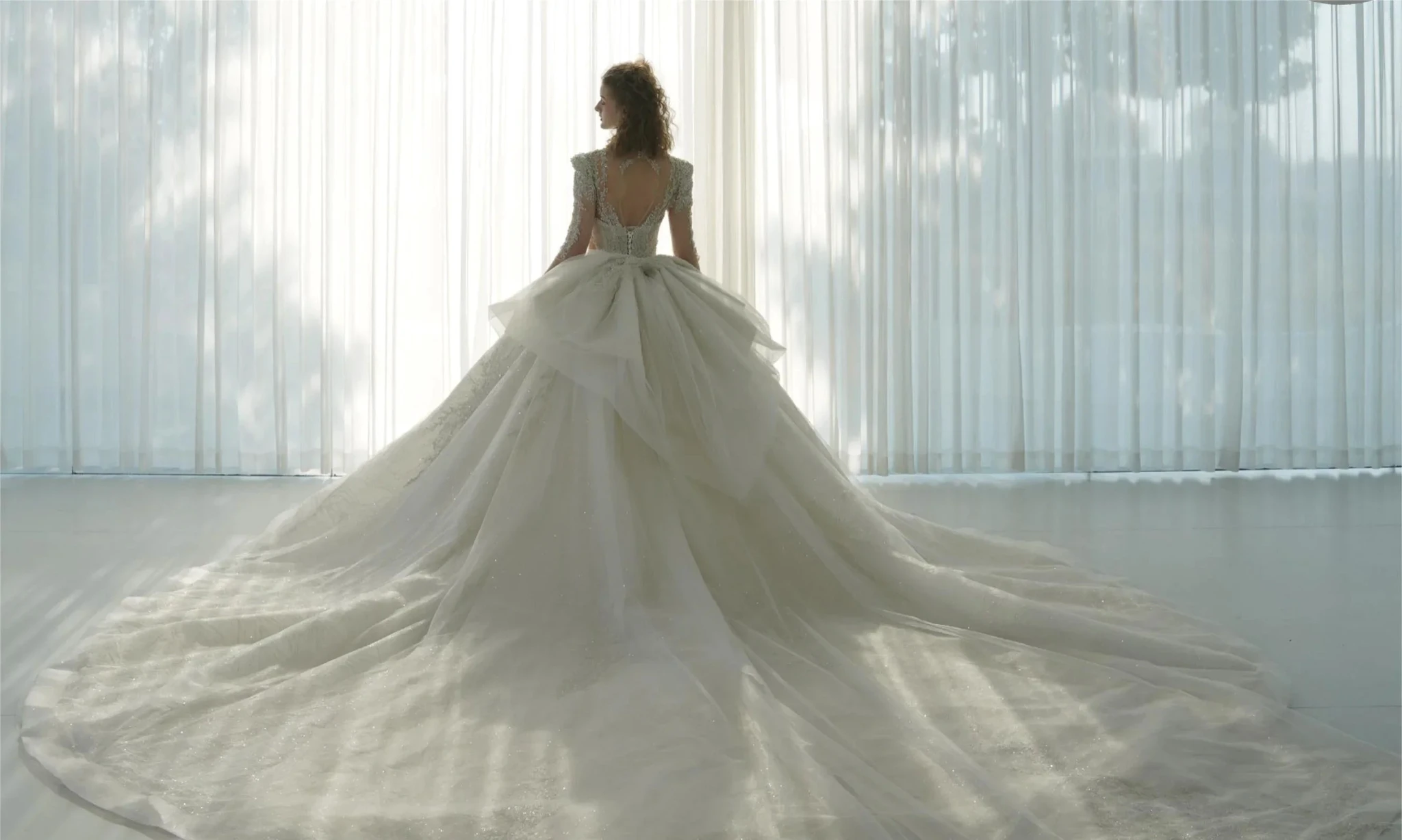 Dazzling Ball Gown Deep V-Neck Tulle Wedding Dress with Beaded Embroidery & Illusion Cut-Out Back Q-6022