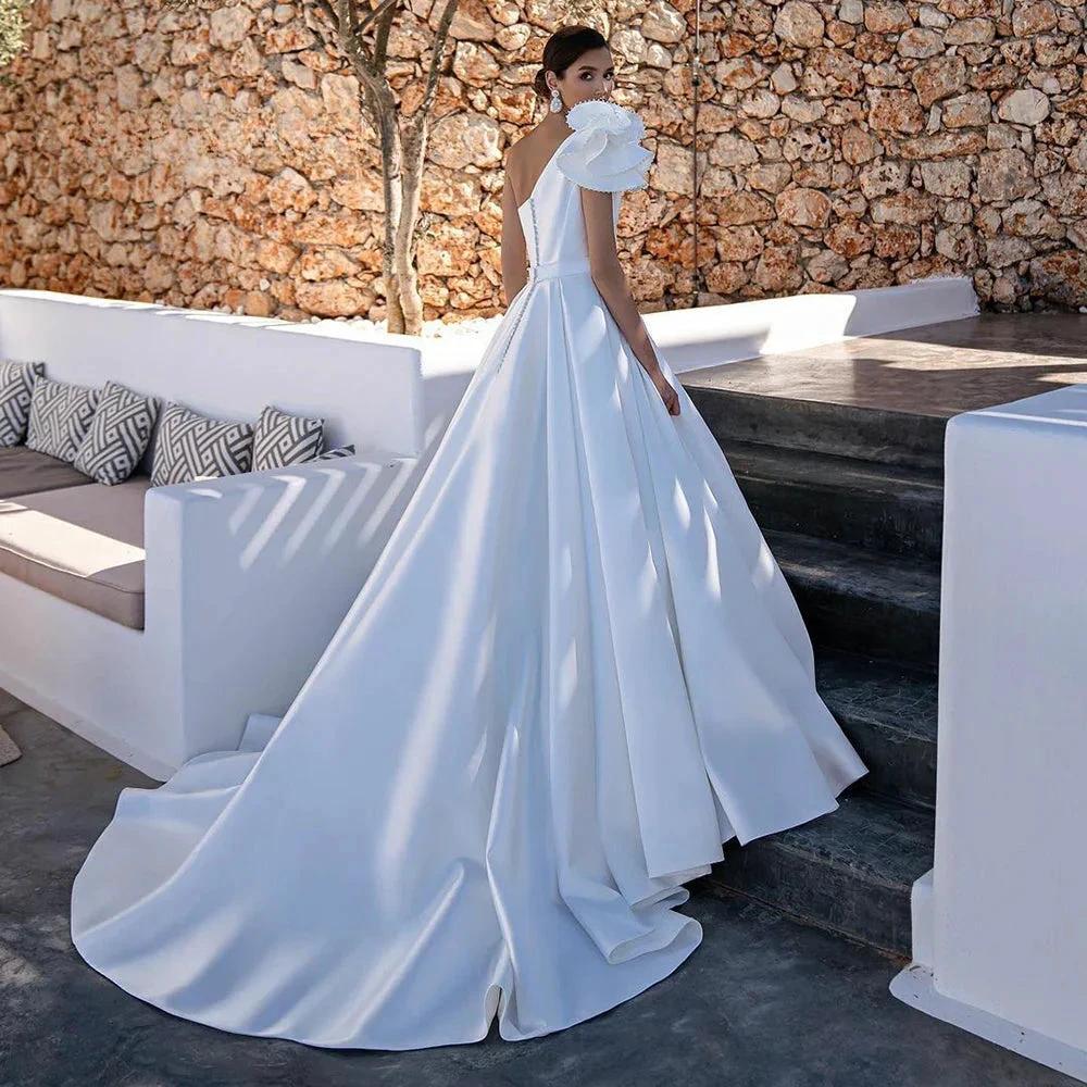 Elegant A-Line One Shoulder Stain Wedding Dress Beading Sleeveless Bridal Gowns For Women Custom Made Vestido De Novia