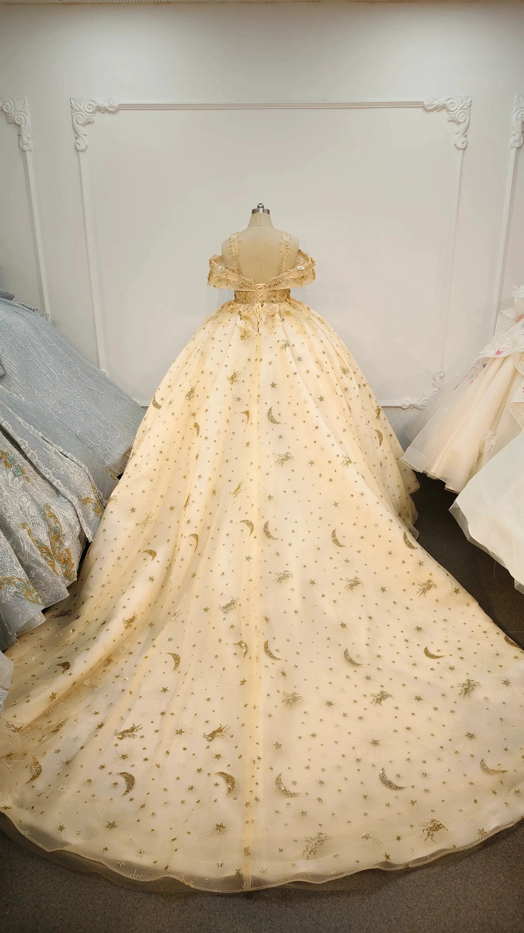 Celestial Off-the-Shoulder Ball Gown Wedding Dress with Star/Moon Embroidery & Beaded Floral Appliqués Ye-2040