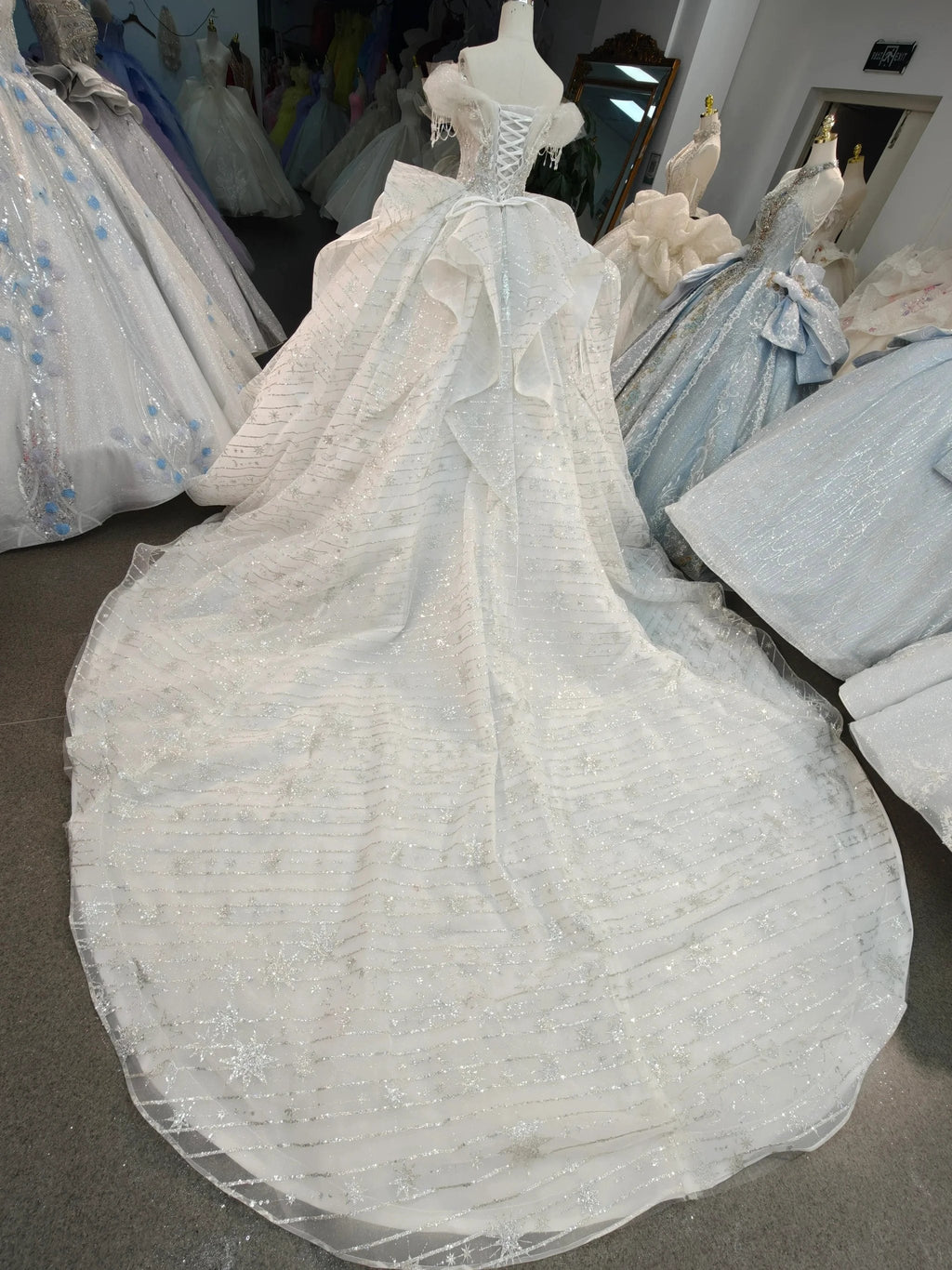 Ivory Starlight Off-Shoulder Ballgown Celestial Sequin Skirt & Beaded Tassel Bodice