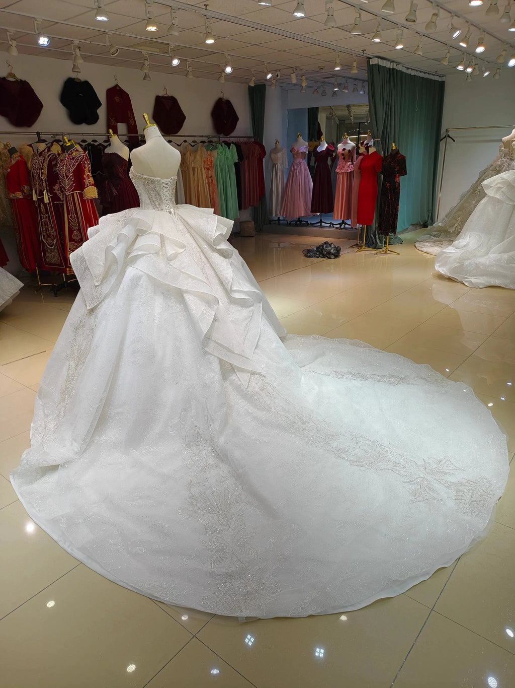 White Gleam Strapless Ballgown Beaded Bust & Ruffled Train