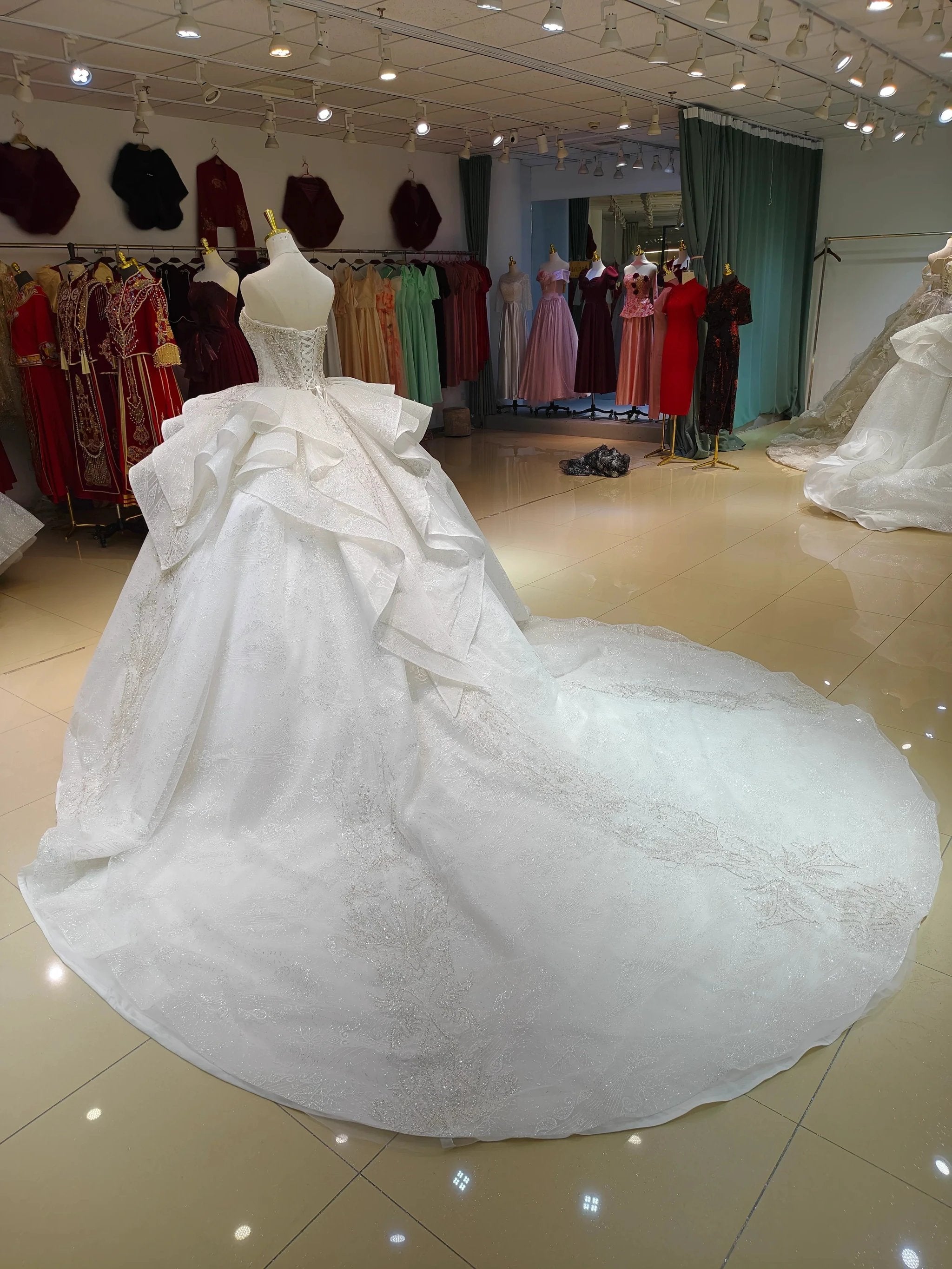 White Gleam Strapless Ballgown Beaded Bust & Ruffled Train