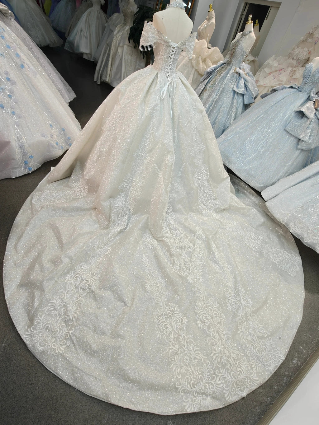 Champagne Glimmer Off-Shoulder Ballgown Crystal Fringe Bust & Embroidered Train
