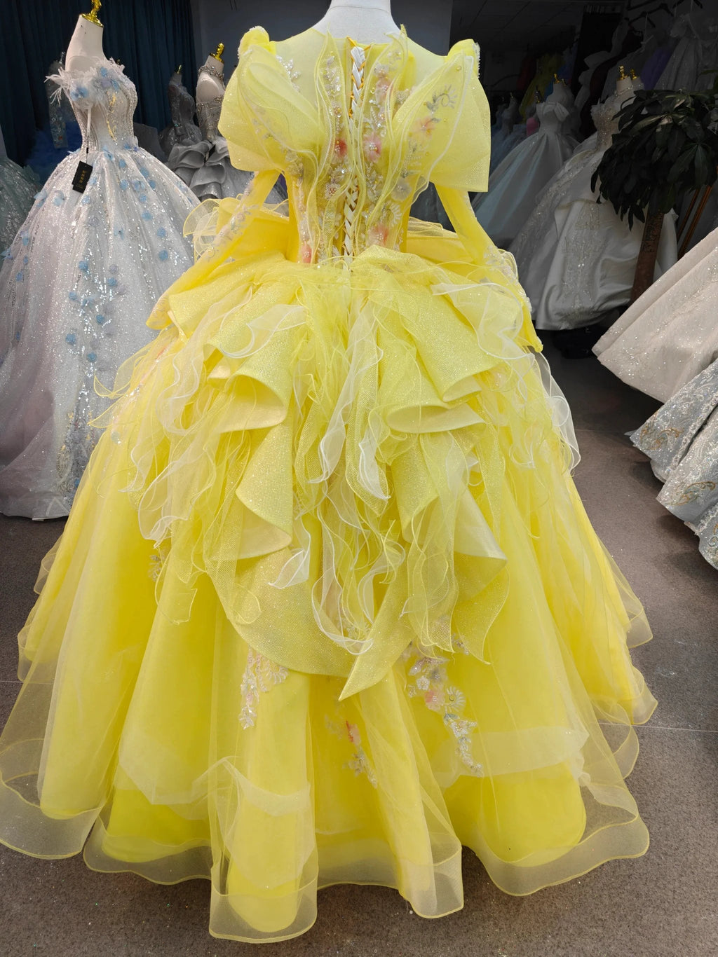 Vibrant Yellow High-Neck Ball Gown Wedding Dress with Ruffled Tulle, 3D Floral Embroidery & Corset Back Ye-2031