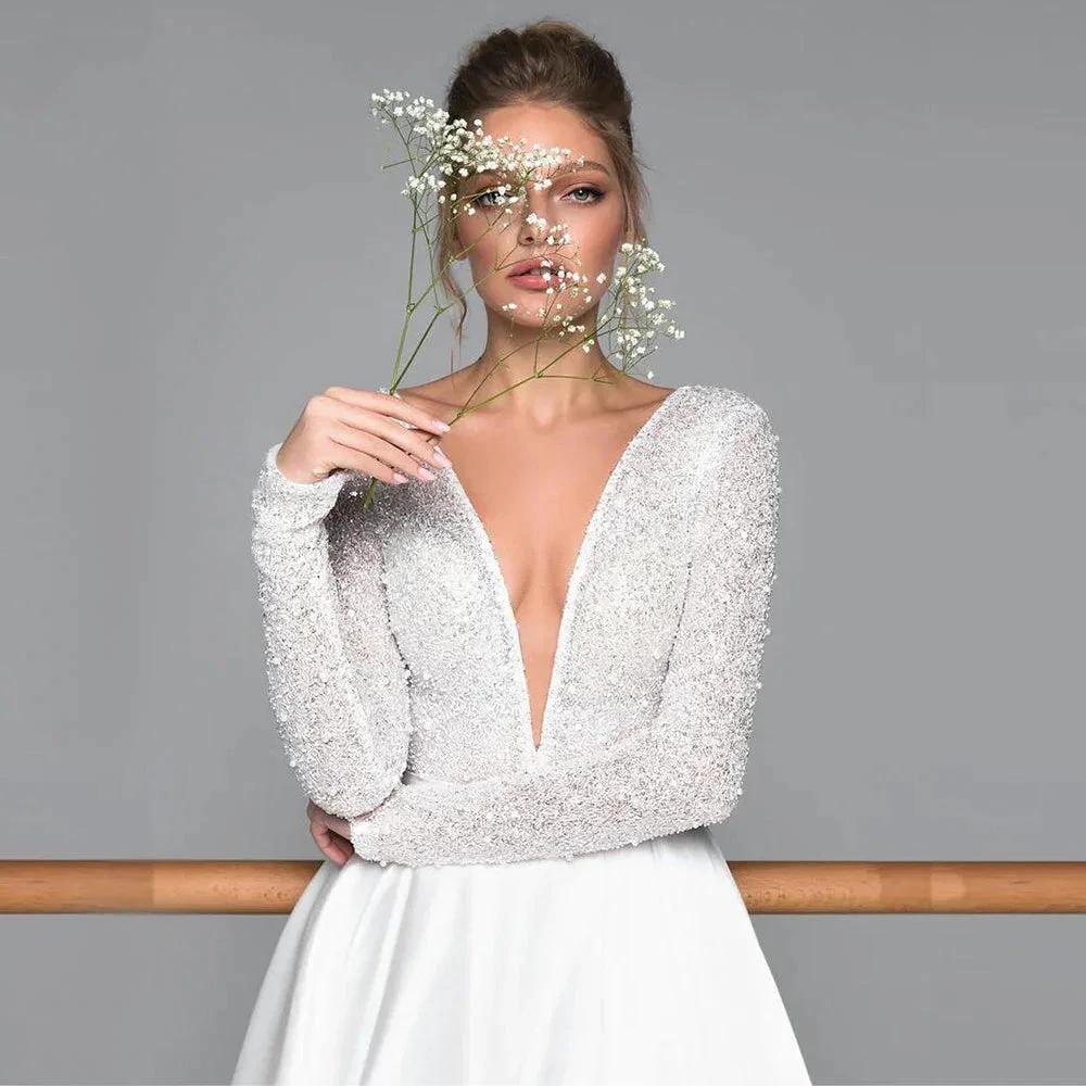 Luxury Long Sleeve Satin Wedding Dress Deep V-Neck Side Split Bridal Party Gown vestido de novia Sweep Train 2023