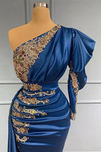 Regal Sapphire One Shoulder Mermaid Long Prom Dress with Beads