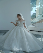 Ethereal Ball Gown Off-the-Shoulder Illusion Lace Wedding Dress with Beaded Embroidery & Cathedral Train M-002