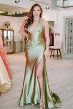 Josie | Navy Halter Corset Mermaid Plunging Deep V-neck Ruched Long Formal Dress with Slit