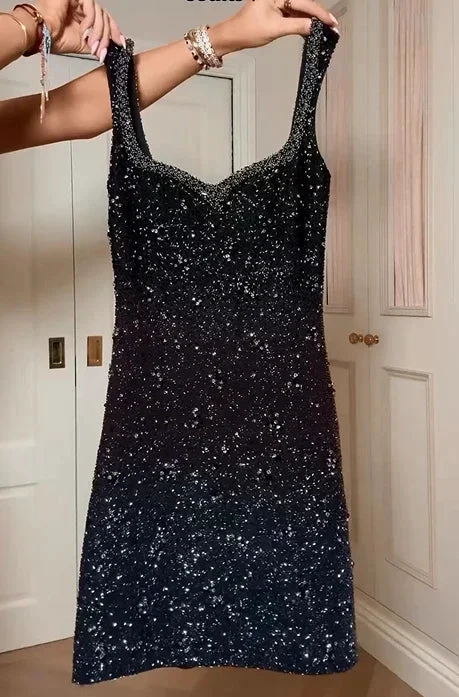 Black Sequins with Spaghetti Straps Short Prom Dress