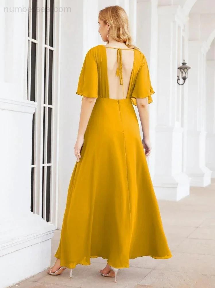 Numbersea V-Neck Bridesmaid Dress Chiffon Long Open Back Formal Dresses for Women Party Evening 28067