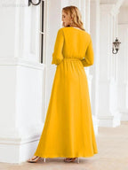 Sunnderly Women's Chiffon Bridesmaid Dress A line Long Sleeves Formal Evening Prom Gown for Wedding Guest SY28032