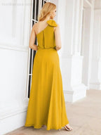 Numbersea Chiffon Ruffled One Shoulder Sleeveless Long Bride Dresses A-line Formal Evening Gown Side Split 28057