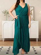 A-Line V-Neck Ruched Metallic Mesh Dress