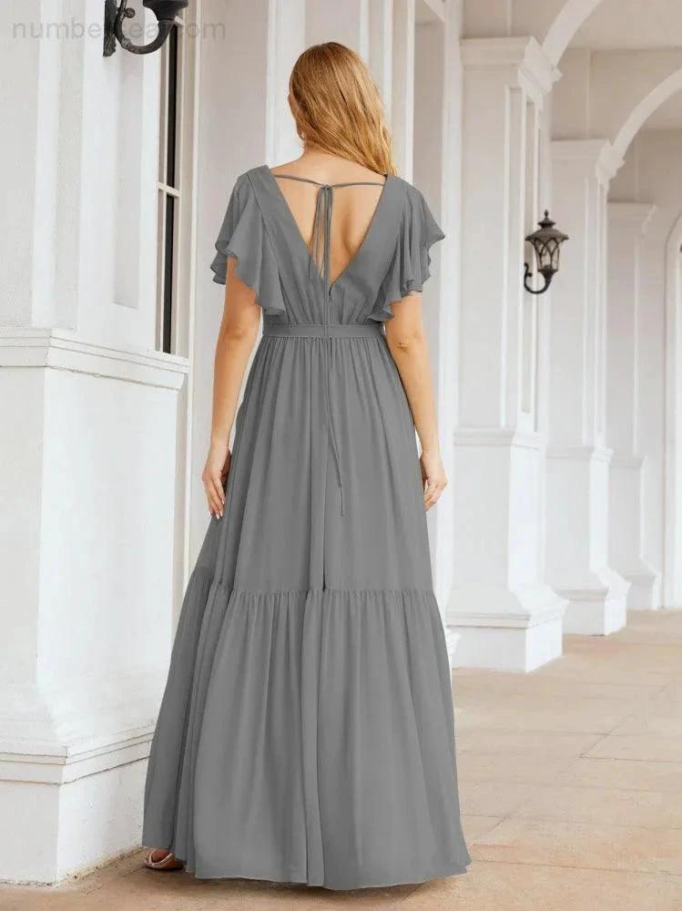 Numbersea Women's Open Back Formal Evening Party Prom Gowns V-Neck Long Chiffon Bridesmaid Dresses with Waist Belt 28038