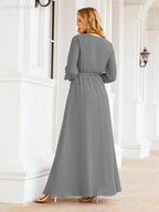 Sunnderly Women's Chiffon Bridesmaid Dress A line Long Sleeves Formal Evening Prom Gown for Wedding Guest SY28032