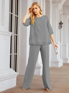 Sunnderly Elegant 2 Piece Mother of The Bride Dress Plus Size Pant Suits Ruffle Layers Sliver Housecoat SY28064