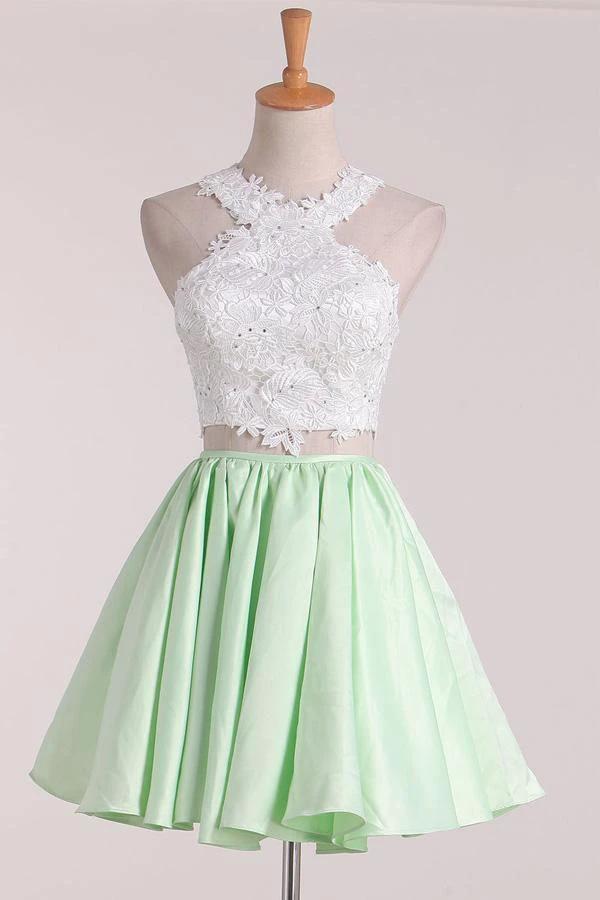 Two-Piece Scoop Homecoming Dresses A Line Satin With Applique PD411
