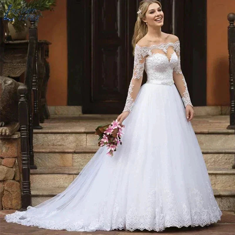 #002 2025 Sexy Off Shoulder Wedding Dresses Appliques Long Sleeve Bridal Gowns Vintage Vestidos De Noiva Mariage Plus Size Custom De