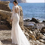 Mermaid Bride Gowns Long Sleeve V-Neck Lace Appliques Sexy Open Back Tulle Wedding Dresses Sweep Train Vestidos De Noive