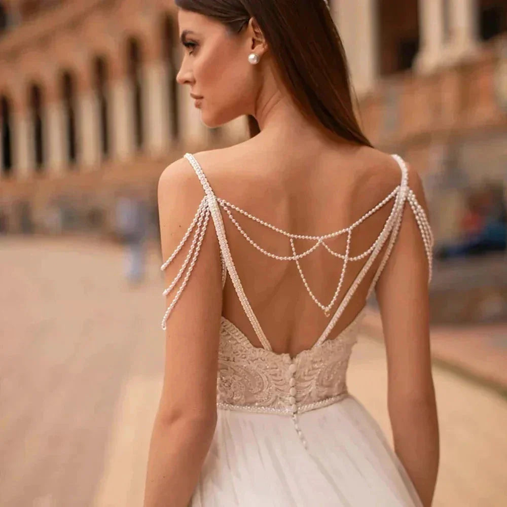 Modern Pearls Chain Wedding Dresses Tulle Appliqued Lace Engagement Bridal Party Bride Gowns Robes De Mariée Custom Made
