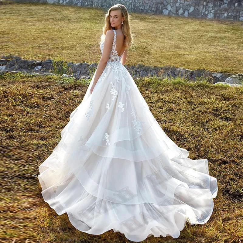 Modest Brush Train Wedding Dresses Brides Gown Tiered Appliques Backless Sposa Vestidos Bridal Party Suit Robe