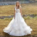 Modest Brush Train Wedding Dresses Brides Gown Tiered Appliques Backless Sposa Vestidos Bridal Party Suit Robe