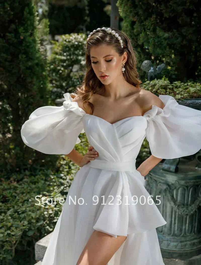 New Front Short Long Back Wedding Dresses Classic Short Sleeve Bride Dress With Train Wedding Gown Vestido De Noiva