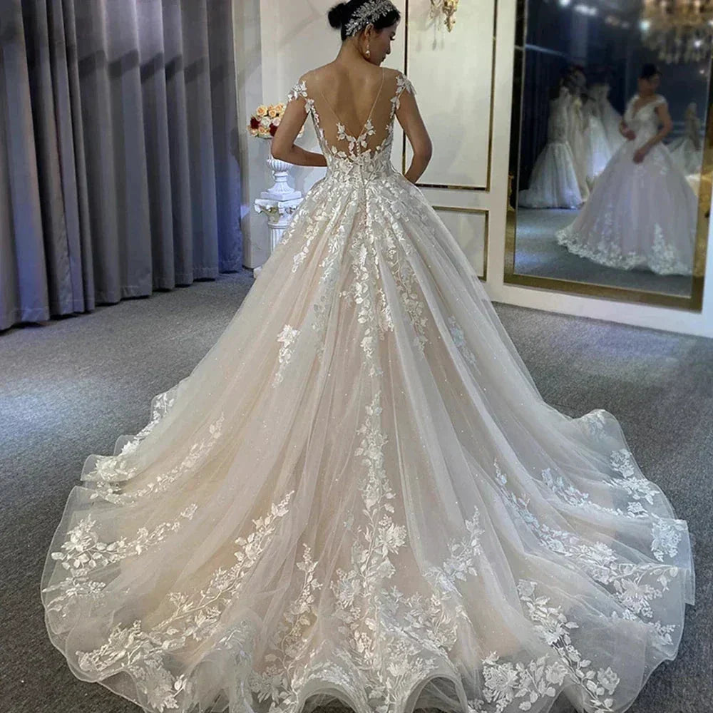New Gorgeous Wedding Dresses Women's Elegant Off Shoulder A-Line Bridal Gowns Lace Applique Sleeveless Formal Party Robe De