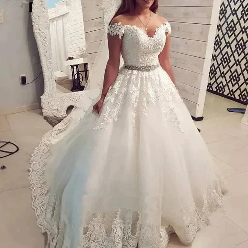 Off Shoulder Embroidery Charming  Sweetheart White Wedding Dress Custom Made Size Ball Gown Wedding Dresse