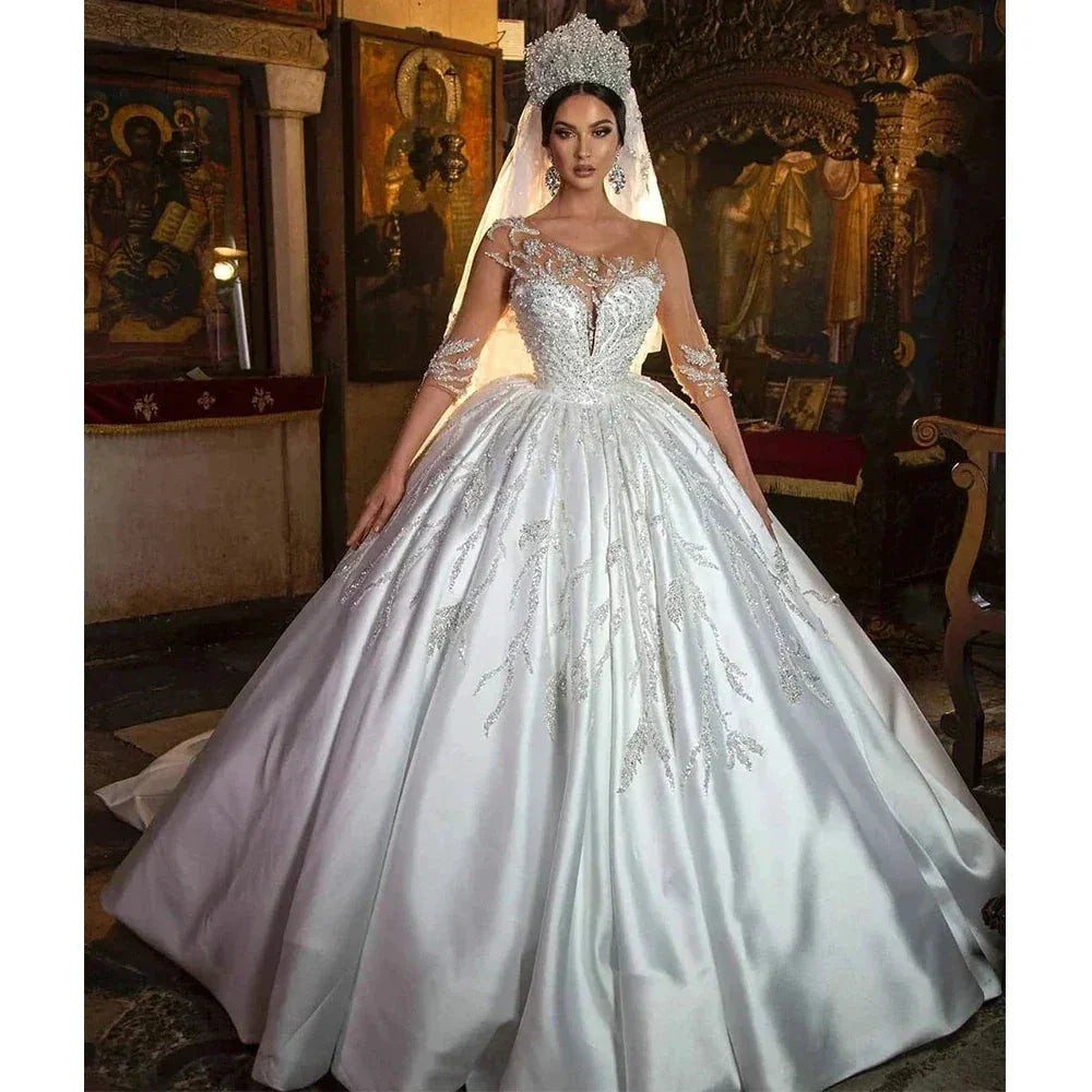 Retro Appliques Satin Beading Wedding Dresses Sweetheart Illusion Sleeves Lace Up Bridal Gown Princess Custom Made Vestido