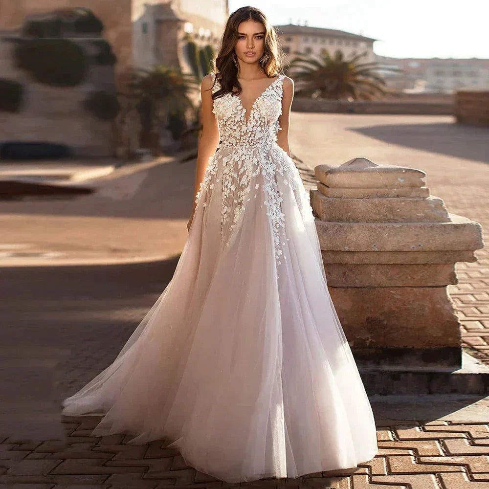 Wedding Dresses Beach Wedding Women Sexy V Large Decal 3D Flower Tulle Sleeveless Bridal Gowns Vestido De Novia Robe Mariée