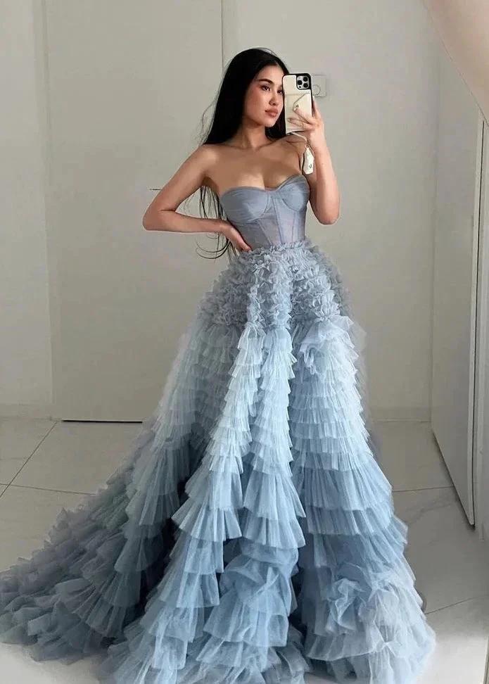 Kaia |A Line Sweetheart Tiered Ruffled Tulle Long Prom Dress