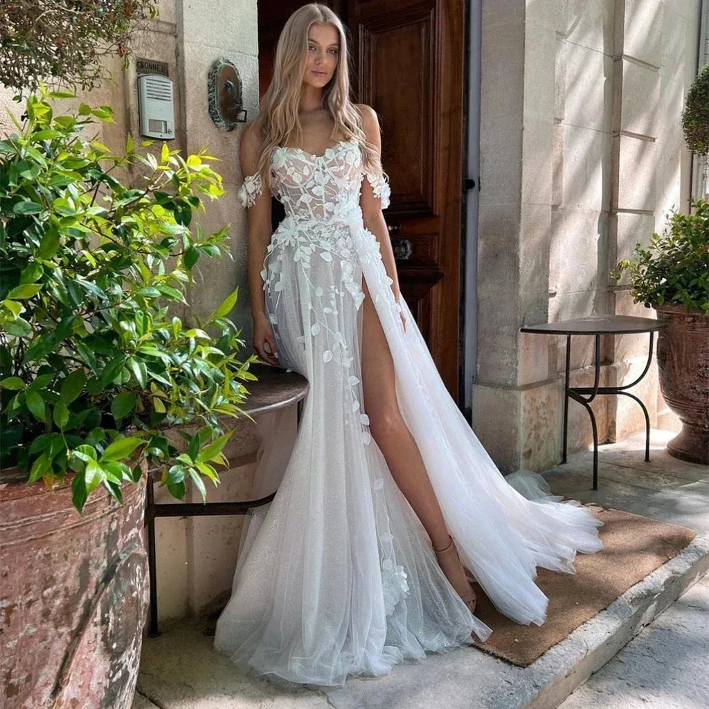 Vintage Lace Applique Wedding Dresses A Line Sweetheart Off The Shoulder Ball Gowns Sexy Side Slit Formal Beach Party Gala