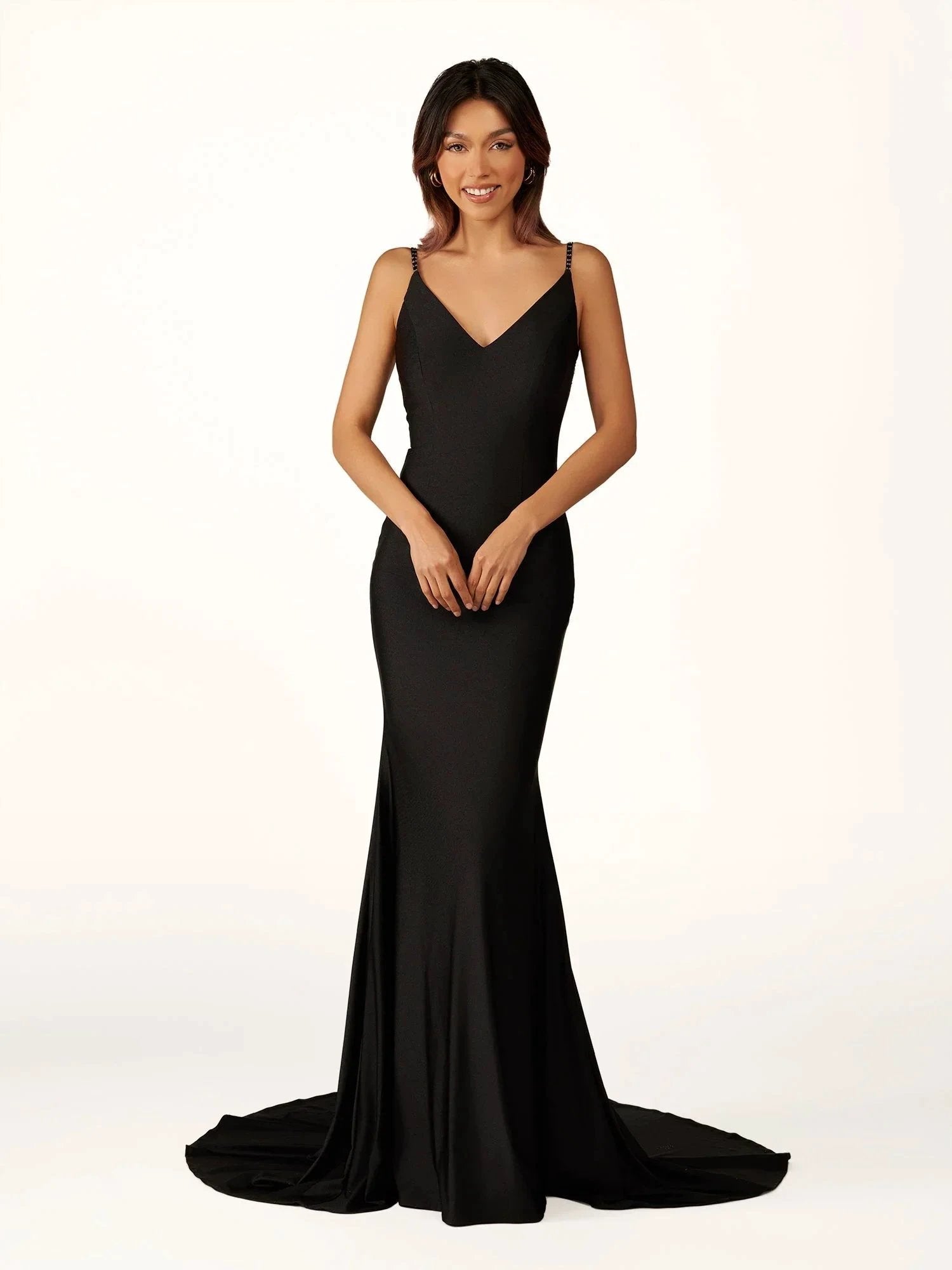 Navy Blue Beaded V-Neck Backless Mermaid Long Prom Dress