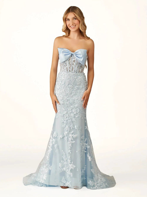 Arvin | Strapless Red Mermaid Lace Appliques Long Prom Dress with Bow