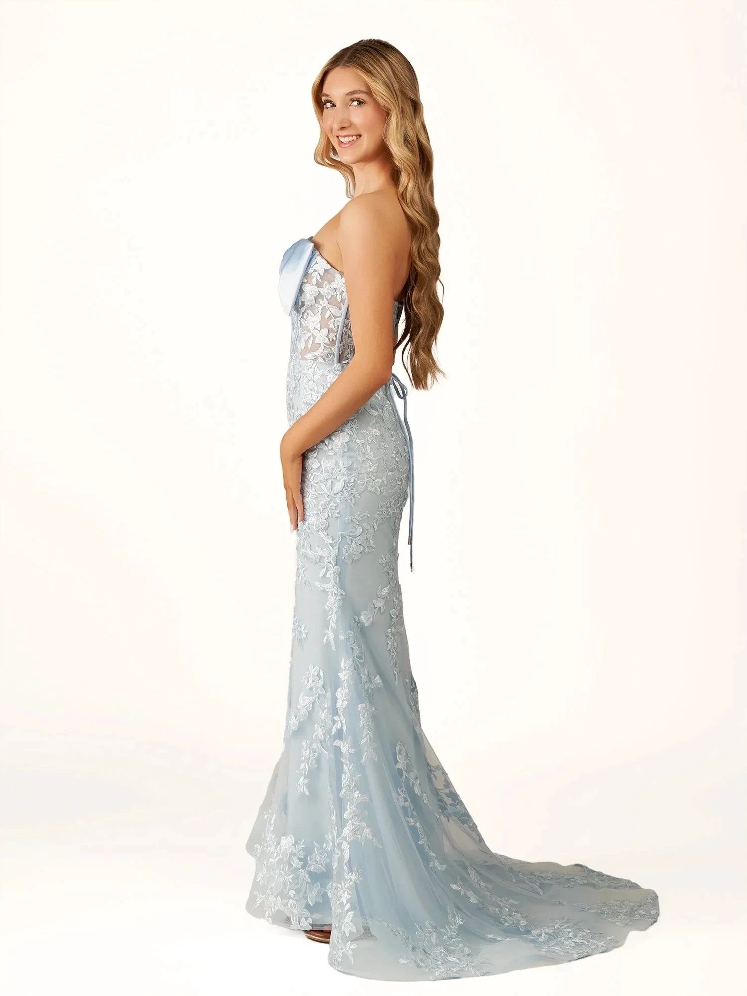 Arvin | Strapless Red Mermaid Lace Appliques Long Prom Dress with Bow