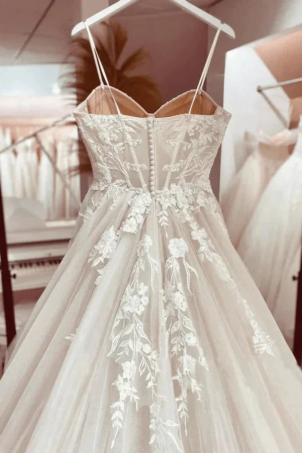 Princess Lace Wedding Dress Bridal Robe 2024 Vestido Spaghetti Straps Chapel Train Champagne Tulle Wedding Gown