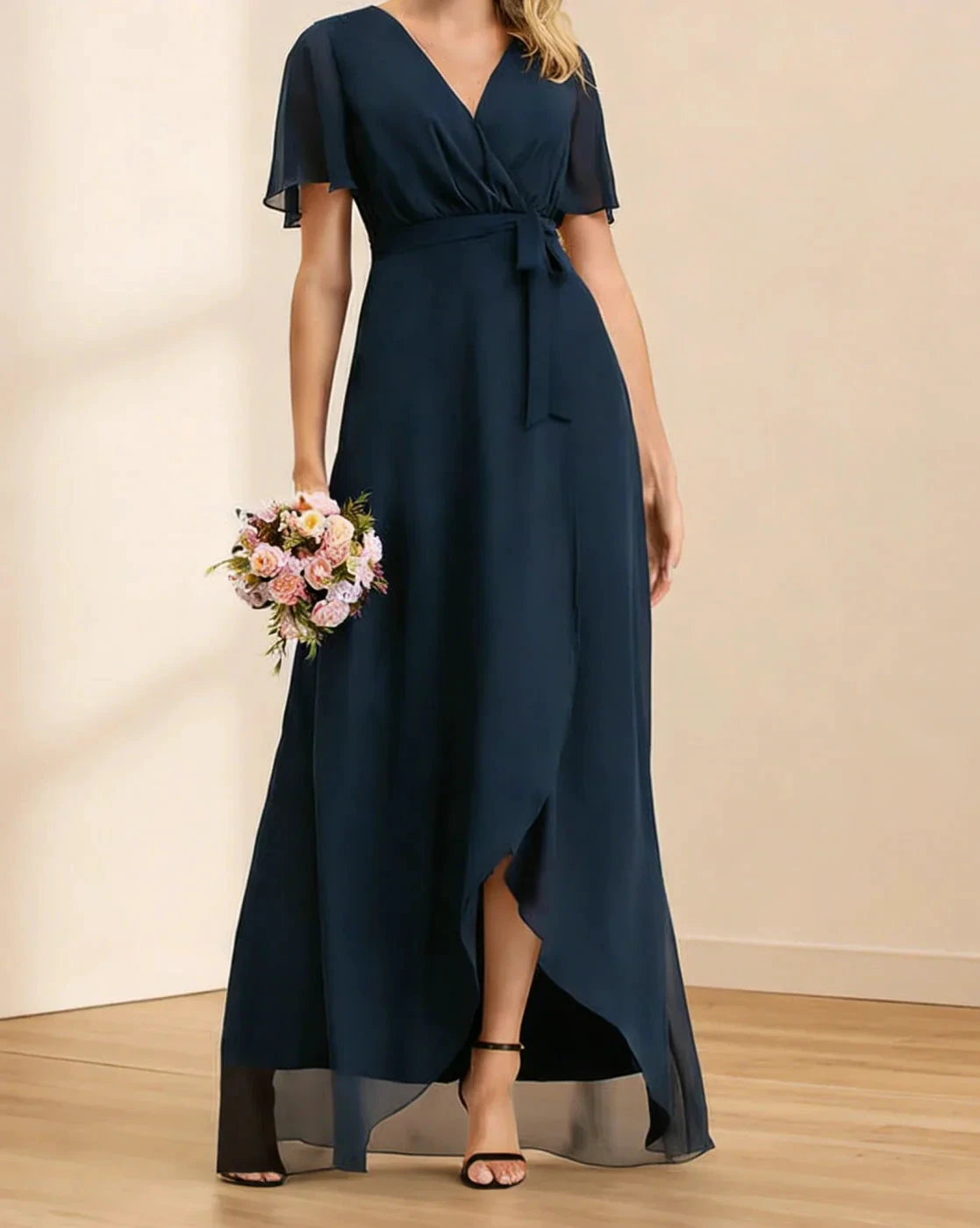 Navy Chiffon Bridesmaid Gown With Flutter Sleeves