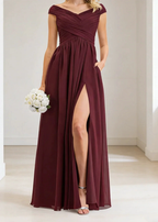 Burgundy Chiffon Off Shoulder Bridesmaid Gown