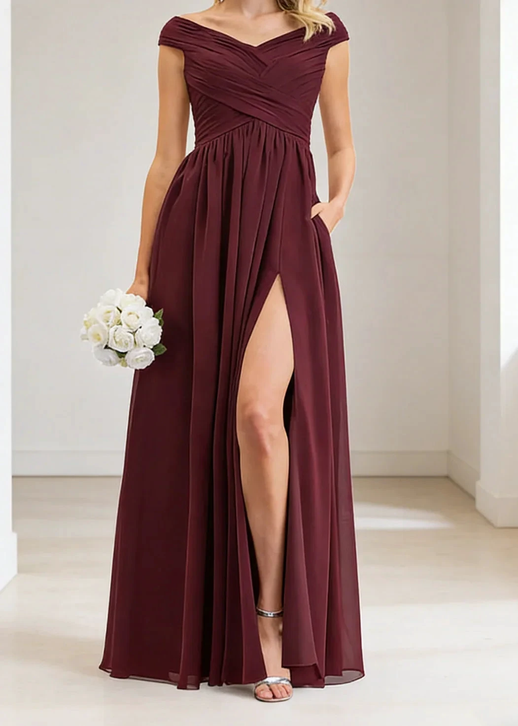 Burgundy Chiffon Off Shoulder Bridesmaid Gown