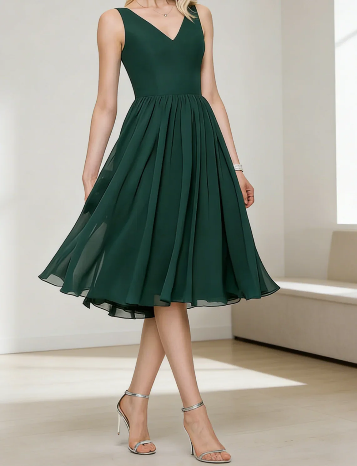 Emerald Chiffon Sleeveless Cocktail Dress