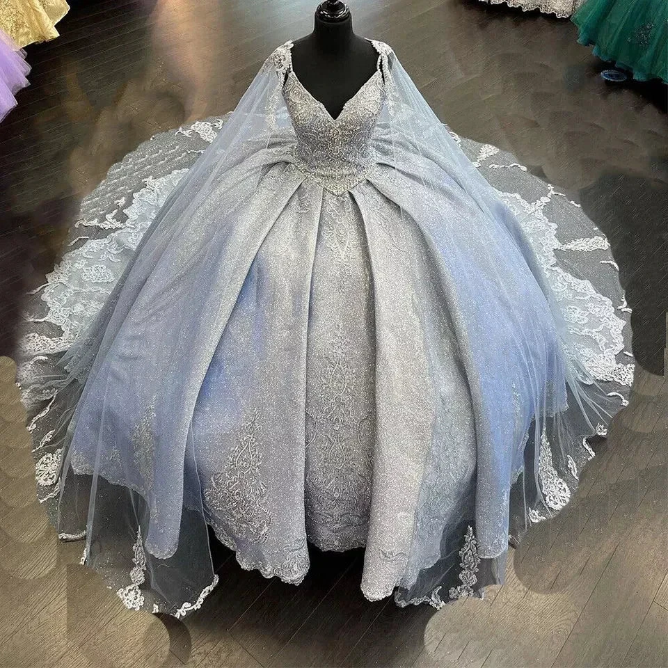 Beading Quinceanera Dresses Sequin Applique Princess Ball Gown With Cape Y1516
