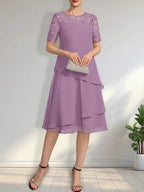 A-line Scoop Illusion Knee-Length Lace Chiffon Mother of the Bride Dress With Sequins
