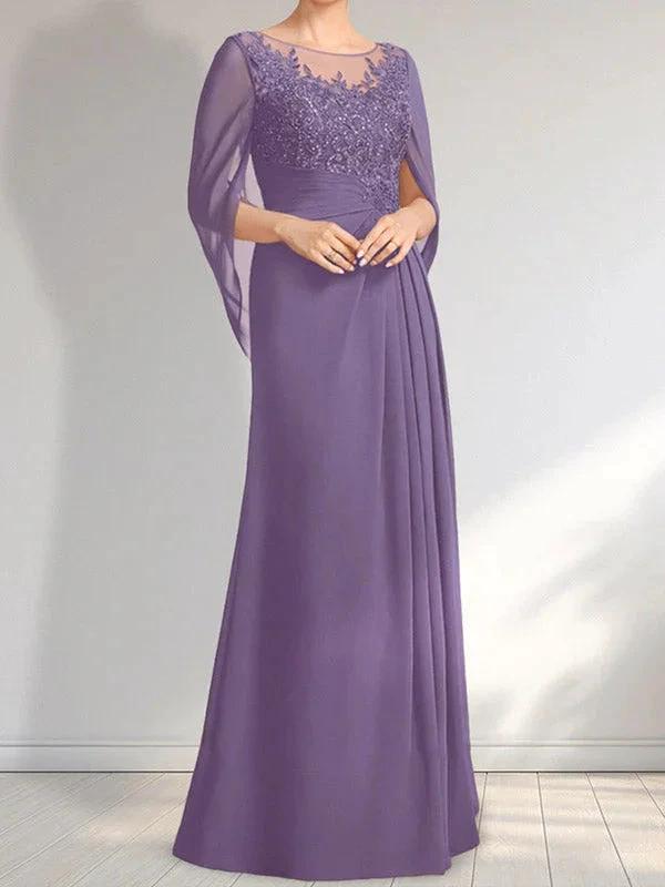 A-line Scoop Illusion Floor-Length Lace Chiffon Mother of the Bride Dress With Pleated Sequins