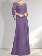 A-line Scoop Illusion Floor-Length Lace Chiffon Mother of the Bride Dress With Pleated Sequins