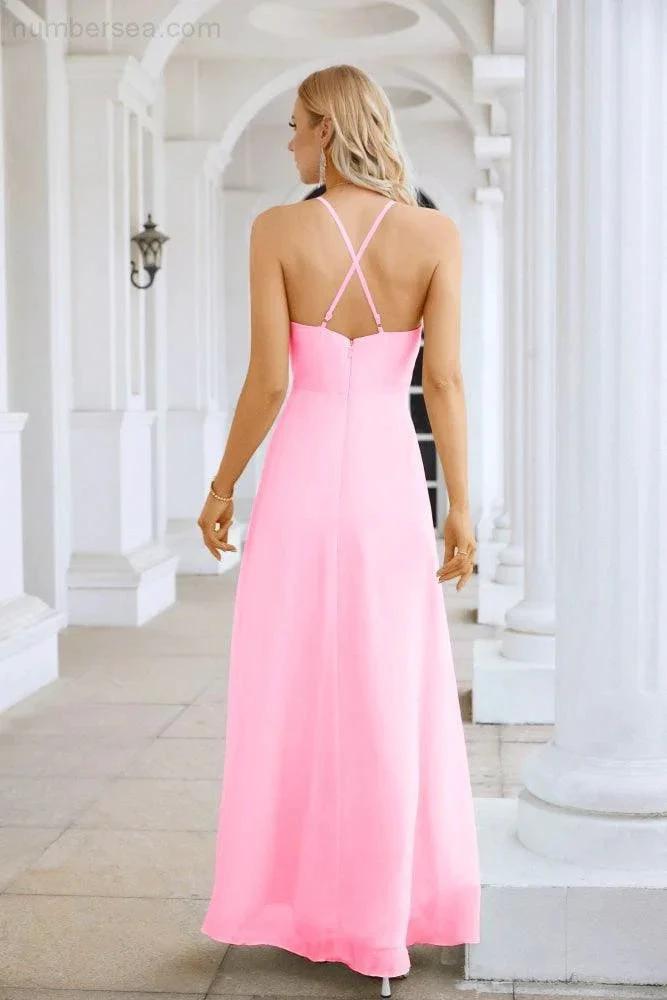 Ladies Chiffon Spaghetti Strap V Neck Front Slit Floor Length Bridesmaid Evening Dress Prom Party Wedding Evening Dress 28116